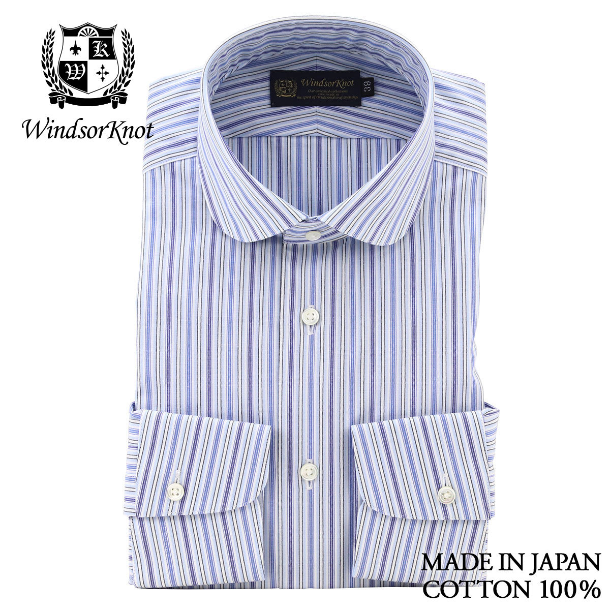 ラウンドカラー ブルー マルチカラーストライプ ドレスシャツ 綿100% 日本製 スリム 長袖